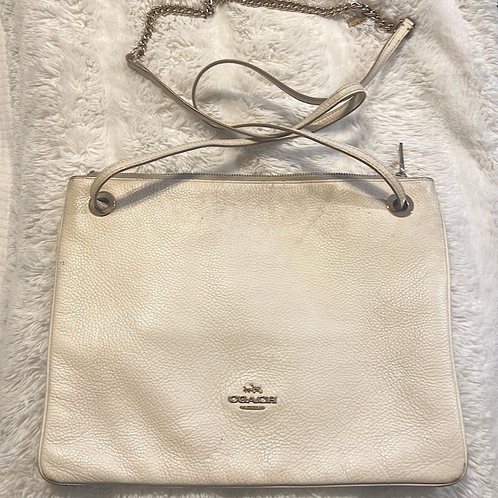 Coach White Tablet Crossbody bag w Gold Chain Detail